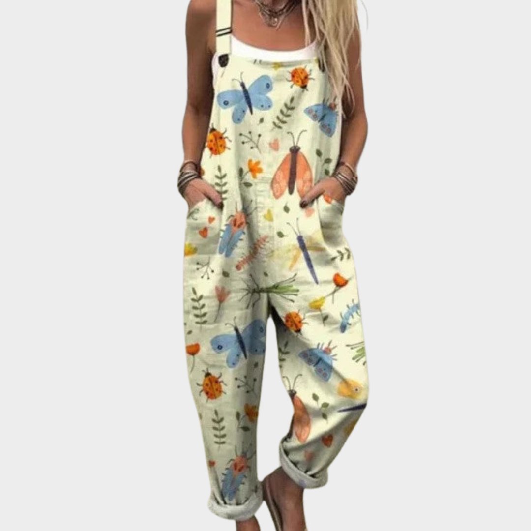 Overalls – cream color with butterflies and ladybugs