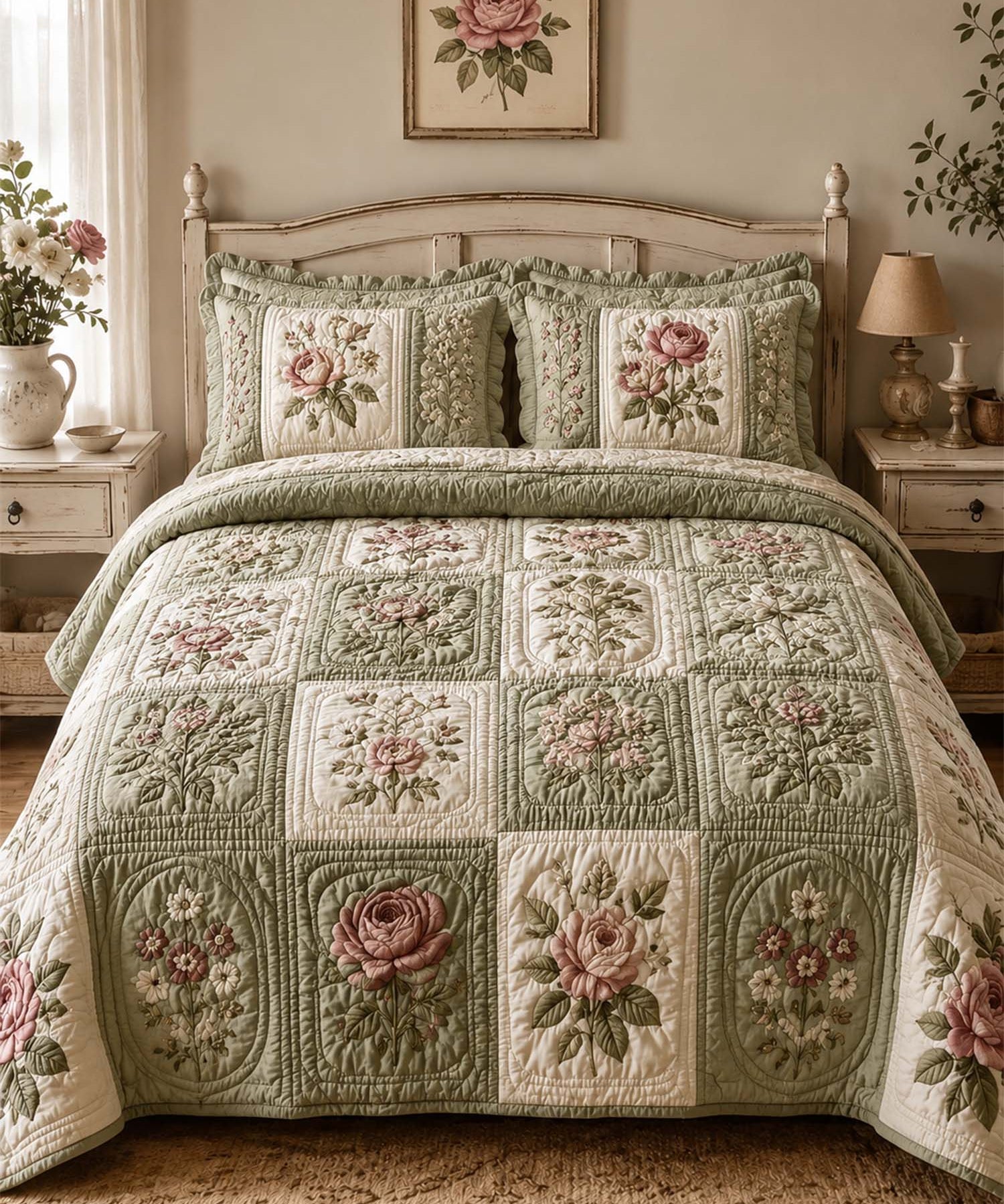 Vintage Rose Floral Quilted 3-Piece Bedding Set