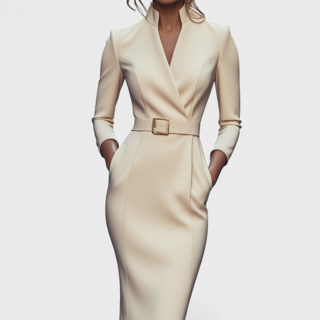 Hana - Elegant Black Dress with Belt and Collar