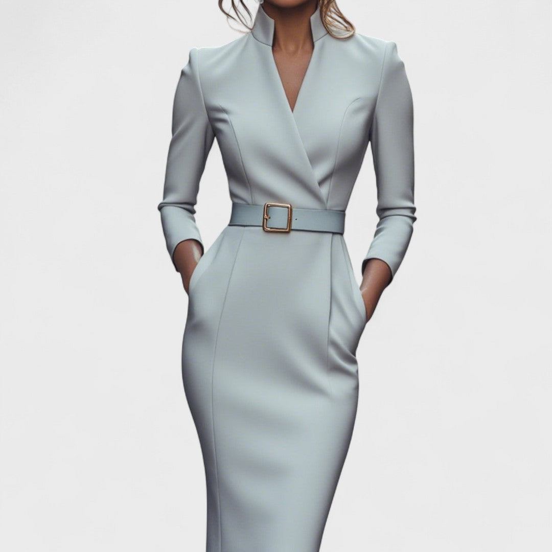 Hana - Elegant Black Dress with Belt and Collar