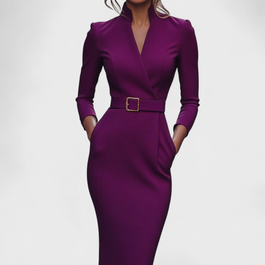 Hana - Elegant Black Dress with Belt and Collar