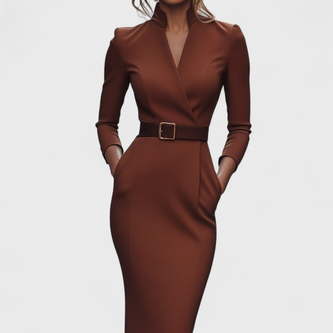Hana - Elegant Black Dress with Belt and Collar