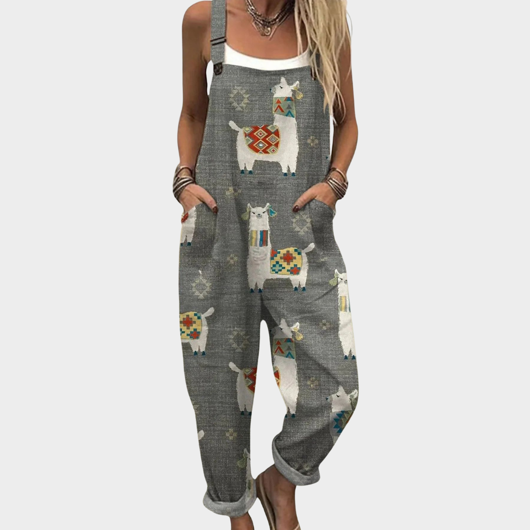 Dungaree Overalls – Gray Llama and Ethnic Pattern