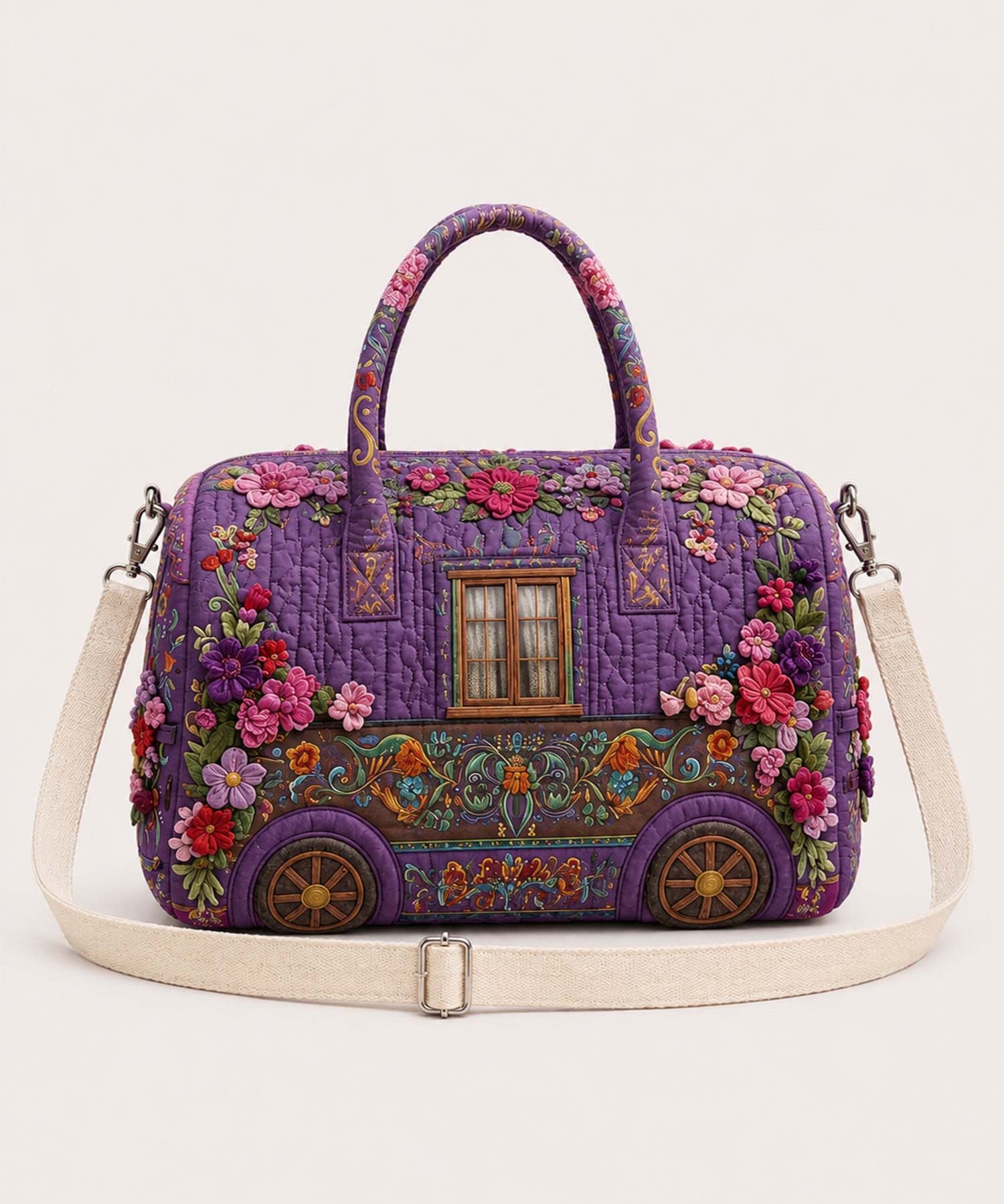 H.PAI Women's Quilted Duffle Bag - Retro Floral Camper Van Travel Overnight Bag