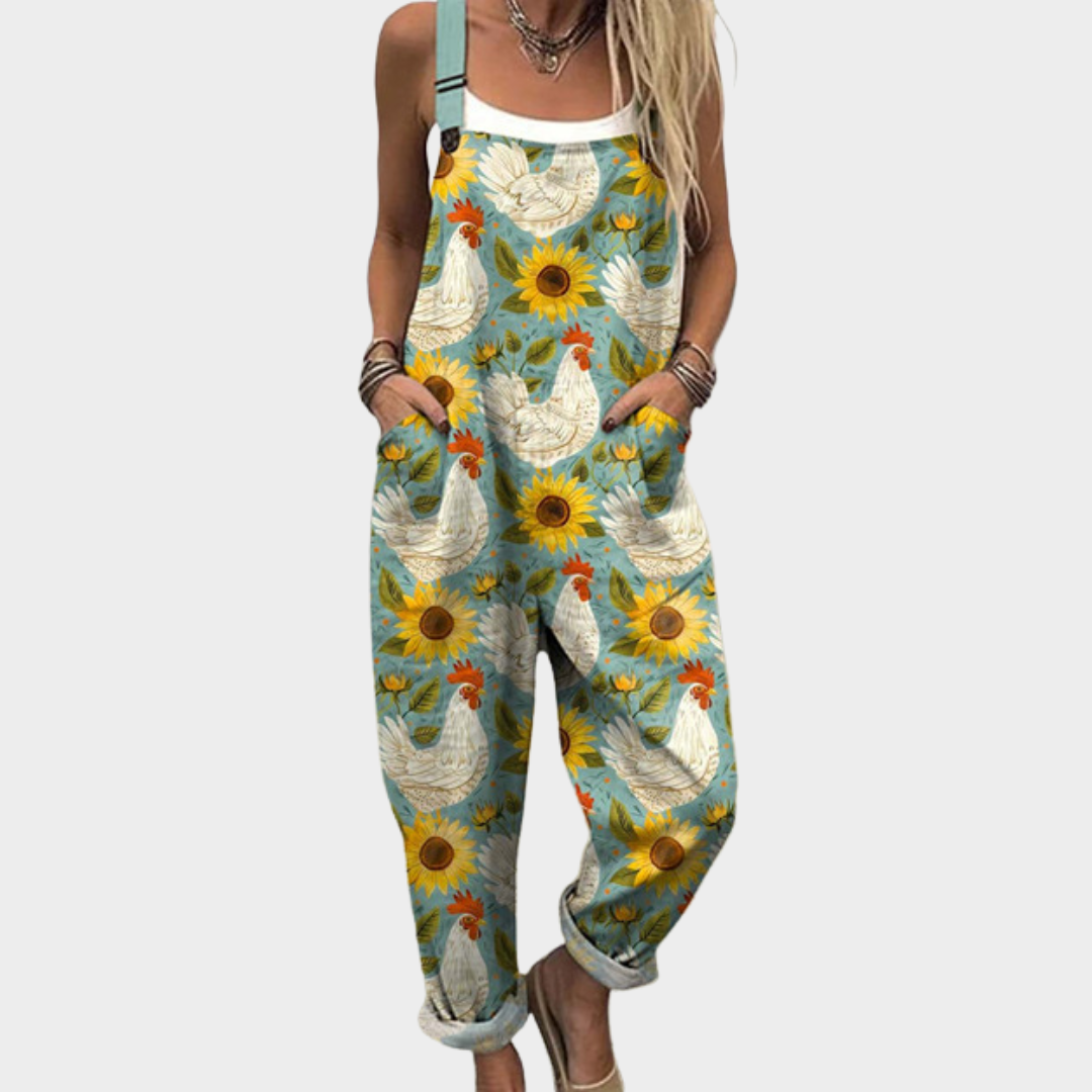 Dungaree Overalls – Blue Chicken and Sunflower Pattern