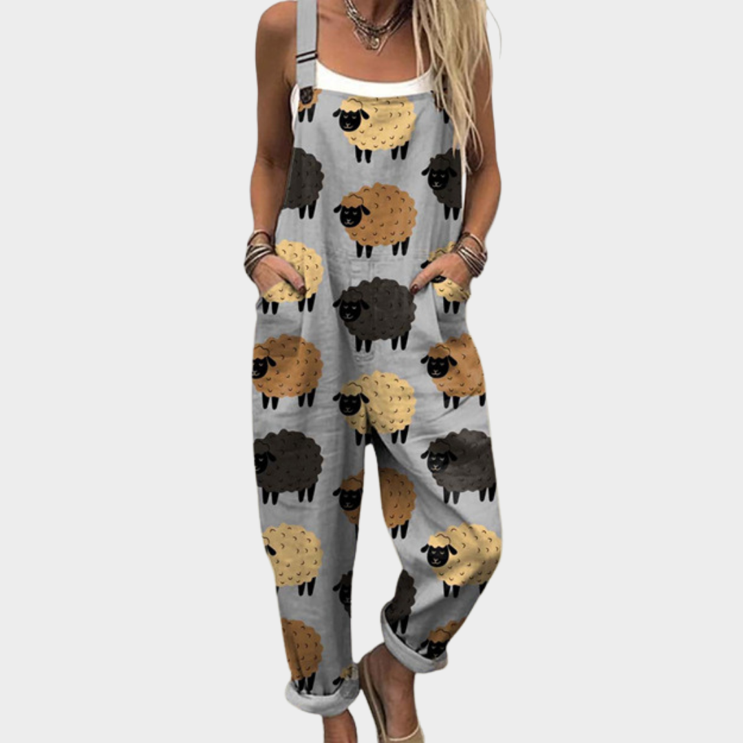 Dungaree Overalls – Gray, Colorful Sheep Pattern