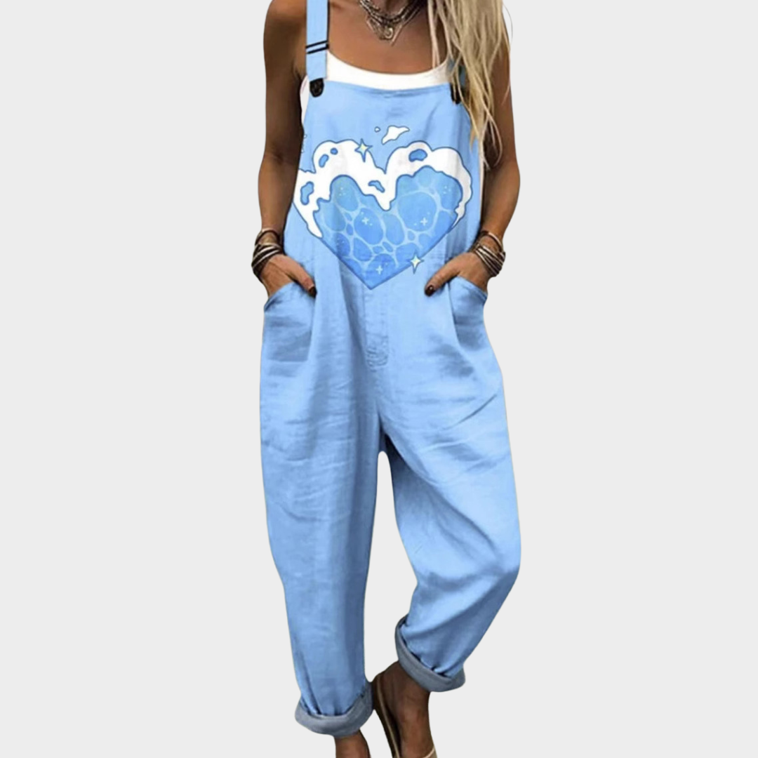 Overalls – Light Blue with Heart and Wave Pattern