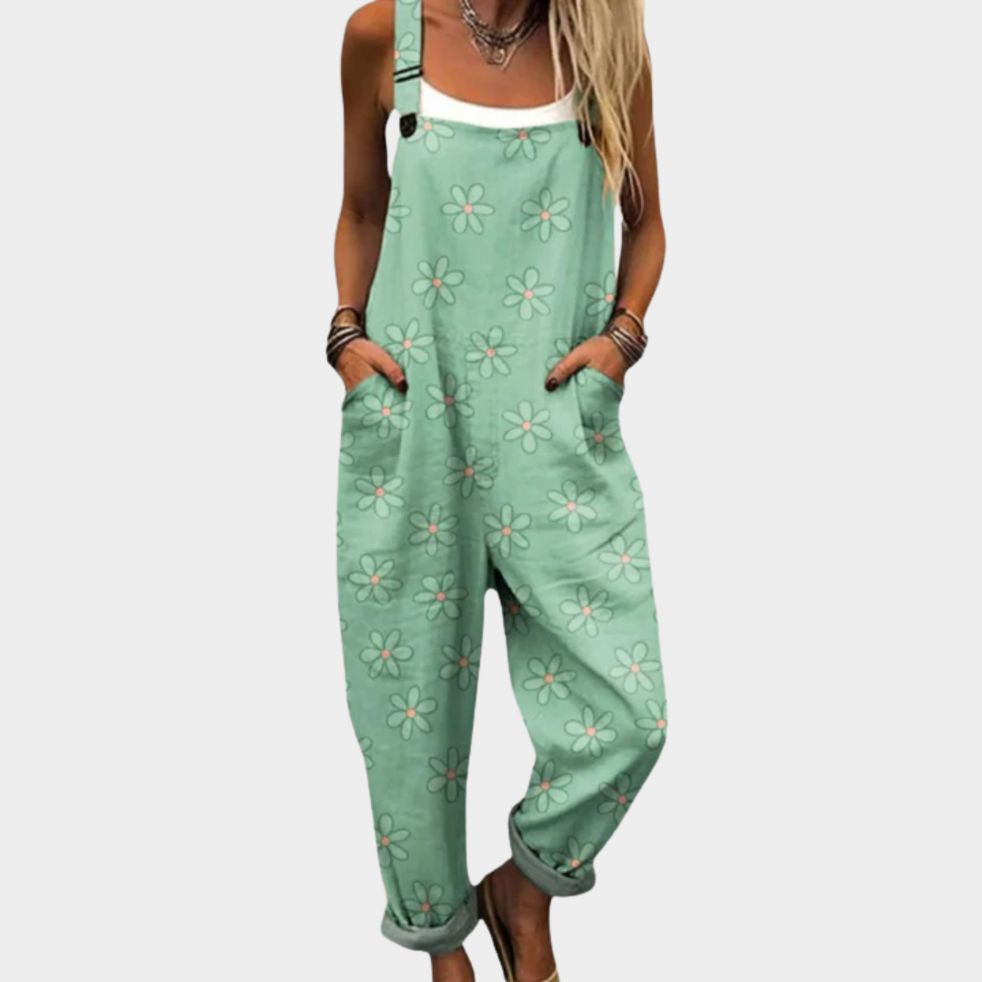 Dungaree Overalls – White Cat and Floral Pattern