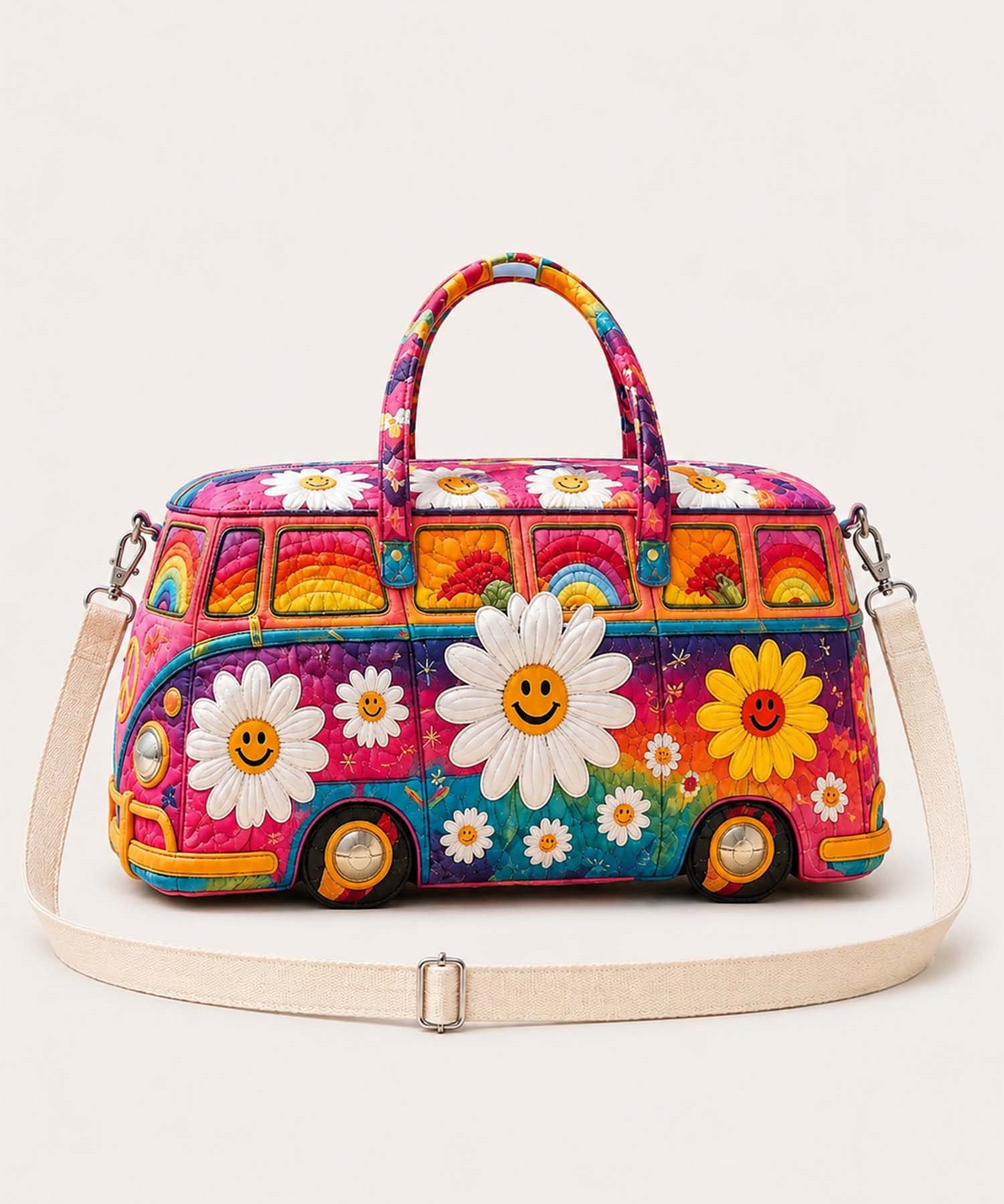 H.PAI Women's Quilted Duffle Bag - Retro 70s Rainbow Hippie Van, Smiley Daisy Travel Overnight Bag