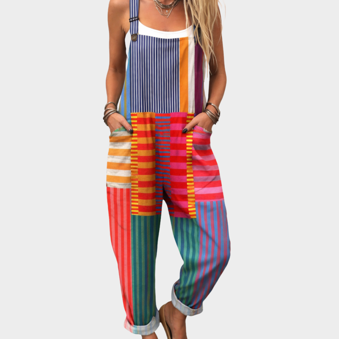 Dungarees – colorful, with vertical and horizontal stripes
