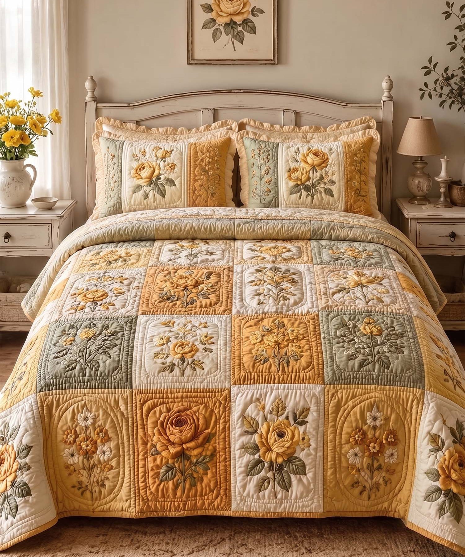 Vintage Rose Floral Quilted 3-Piece Bedding Set