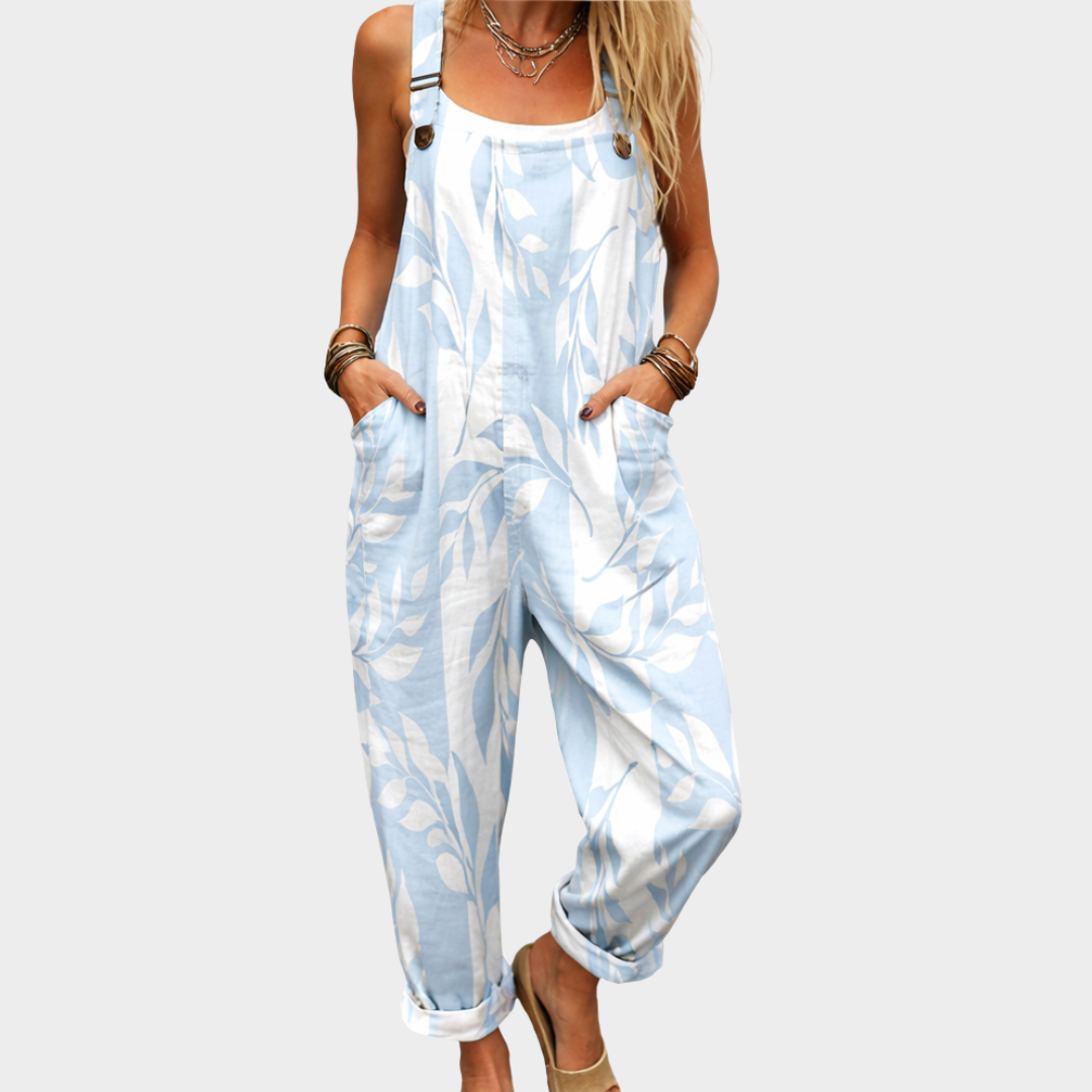 Dungaree Overalls – White Light Blue Leaf Pattern