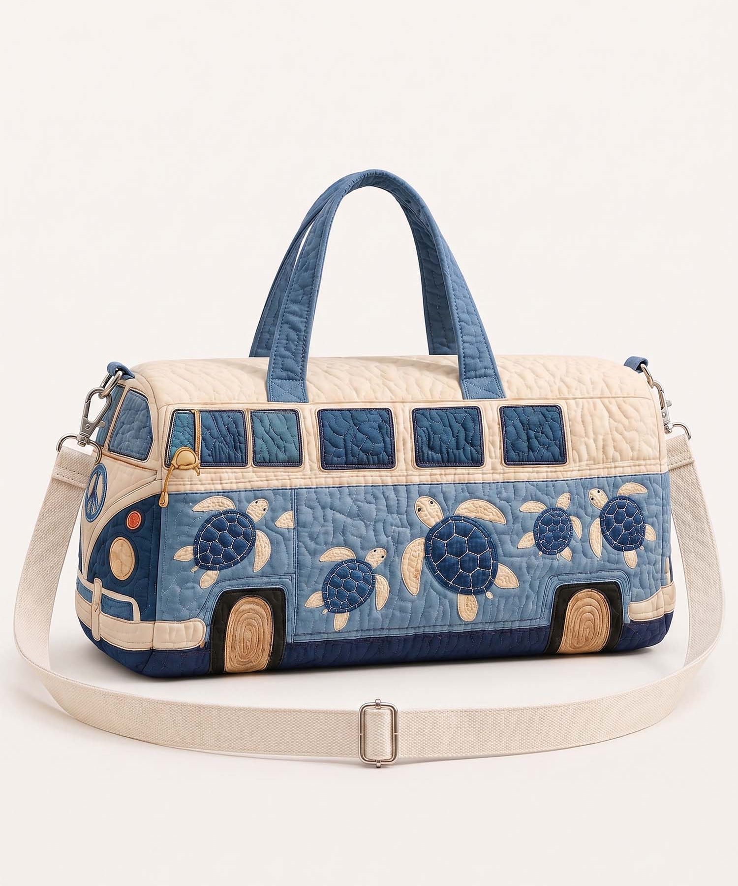 H.PAI Women's Quilted Duffle Bag - Retro Blue Hippie Van & Coastal Sea Turtle Travel Overnight Bag