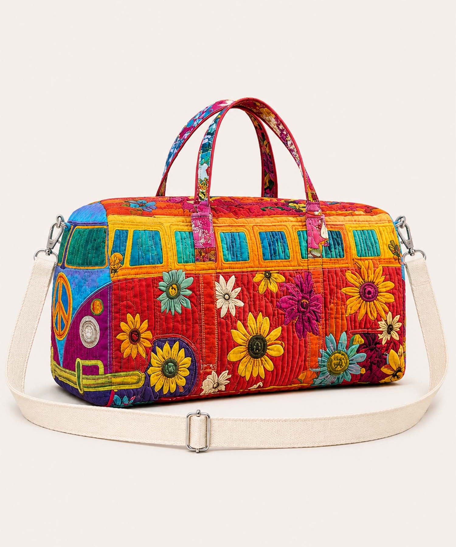 H.PAI Women's Quilted Duffle Bag - Retro 70s Colorful Hippie Van, Sunflowers Travel Overnight Bag