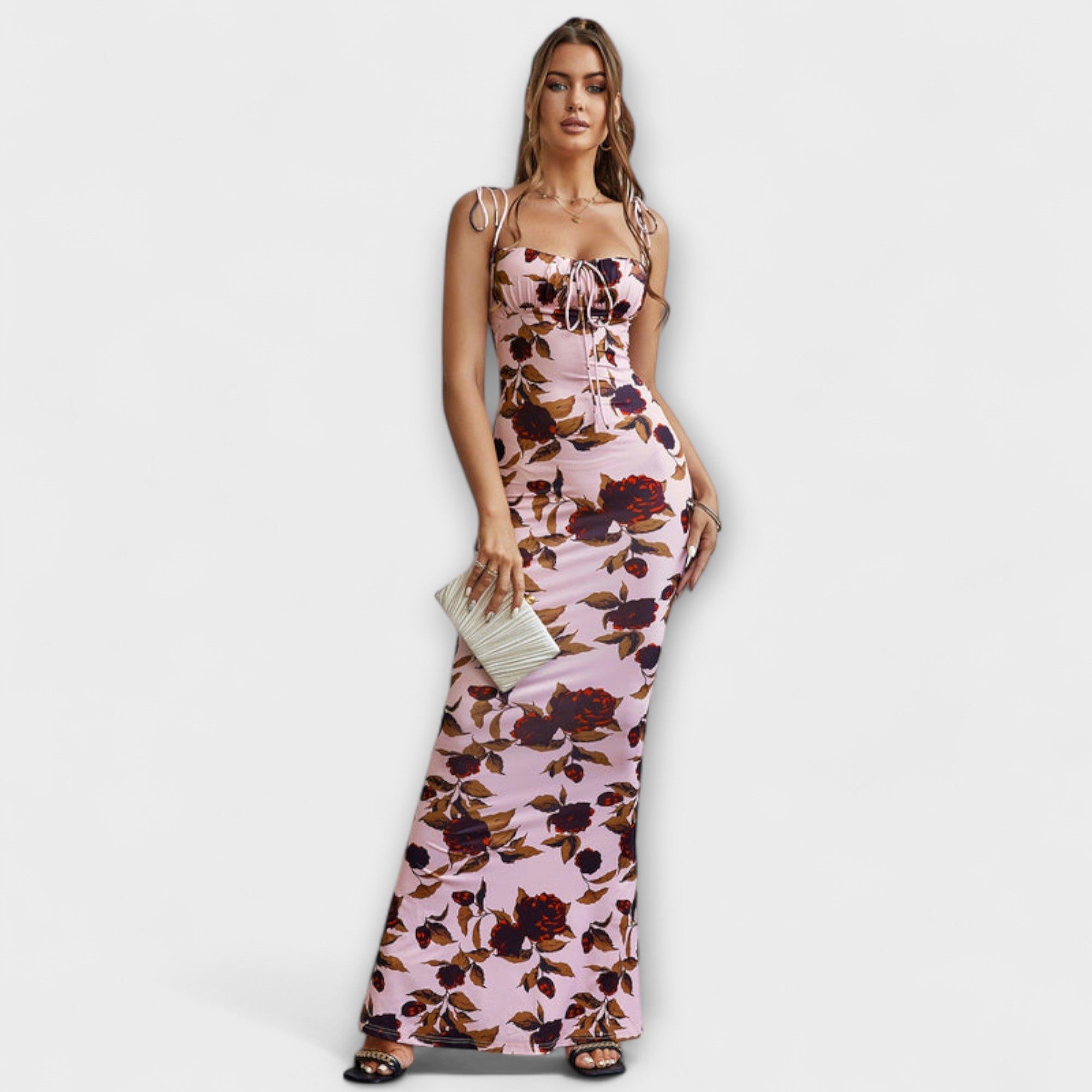 Thalia - Floral Print Prom Dress with Tied Straps