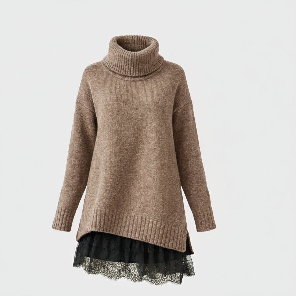 Sára | Luxury Knit Dress with Turtleneck and Lace Detail