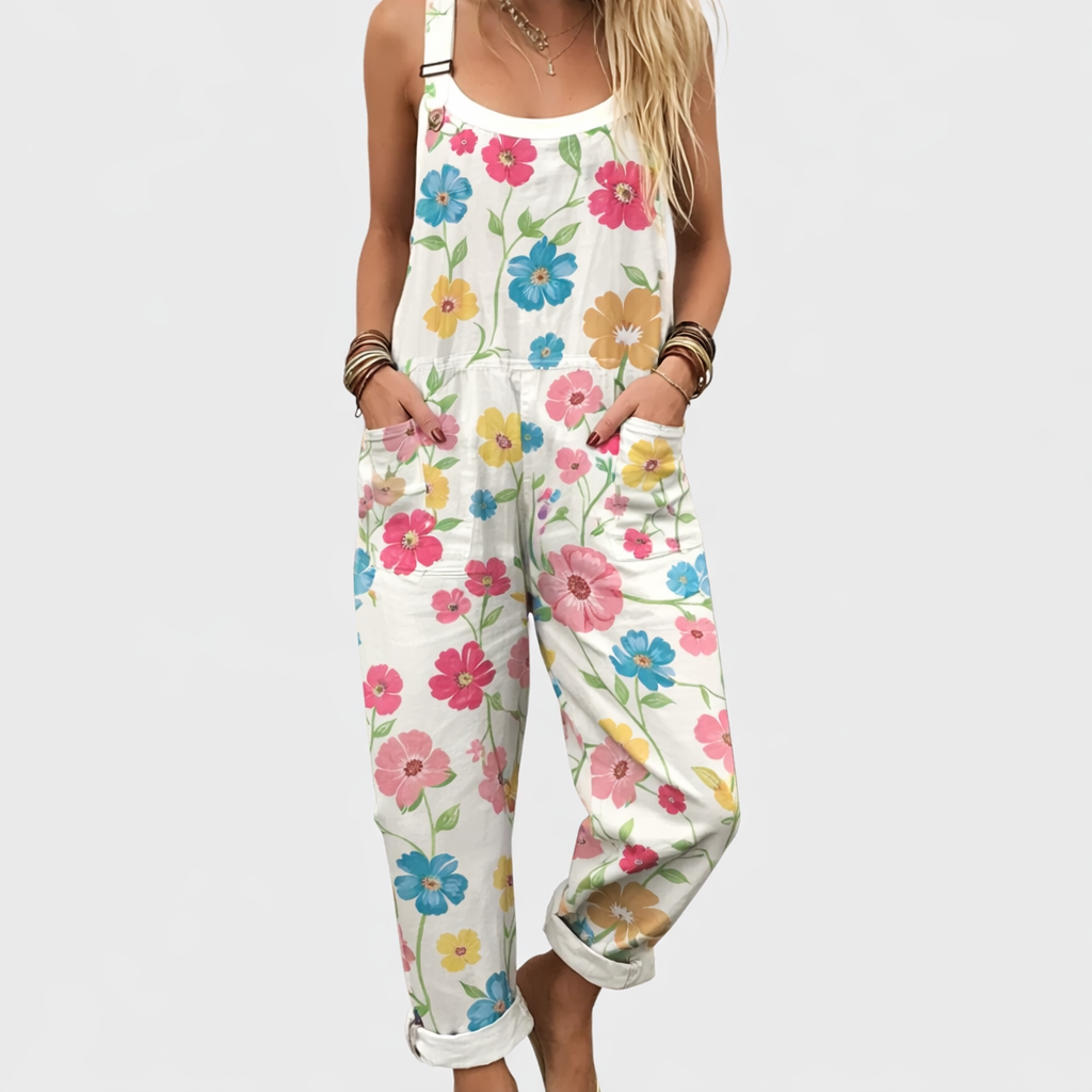 Dungaree Jumpsuits – White with Colorful Flowers