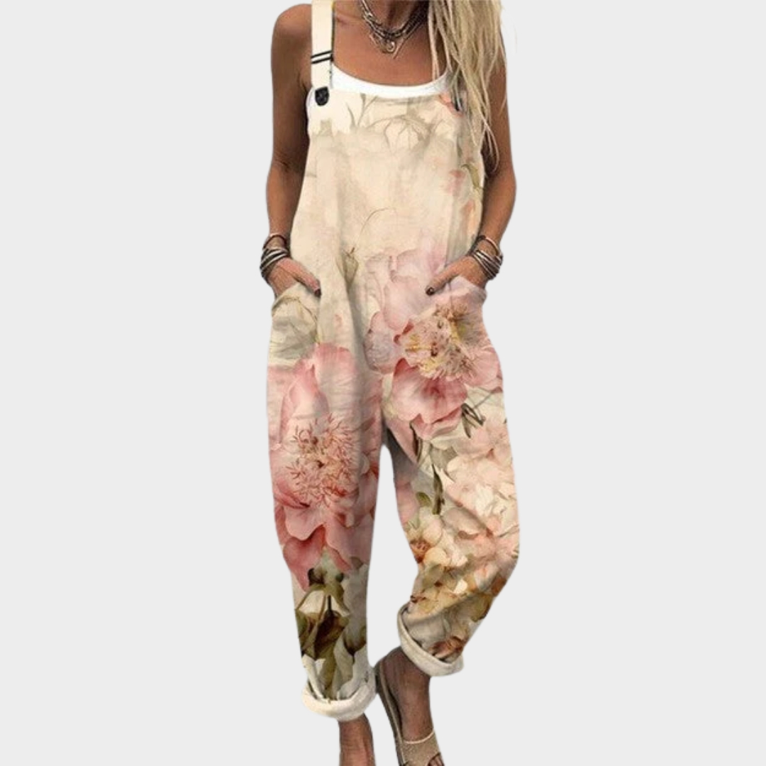 Dungaree Jumpsuits – Cream Colored Floral Print Overall in Pink Shades