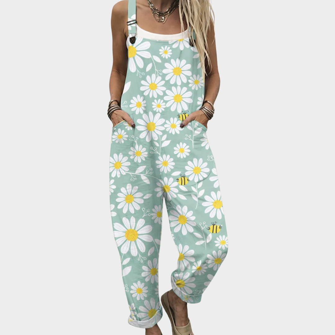 Dungaree Overalls – Water Blue with Floral and Bee Pattern
