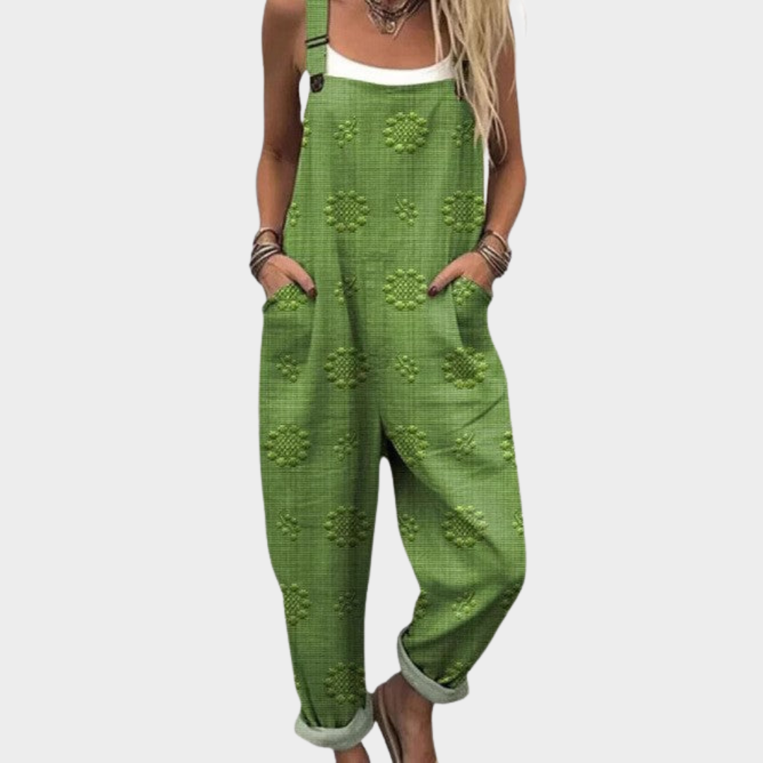 Dungaree Jumpsuits - Green Comfort with Floral Pattern