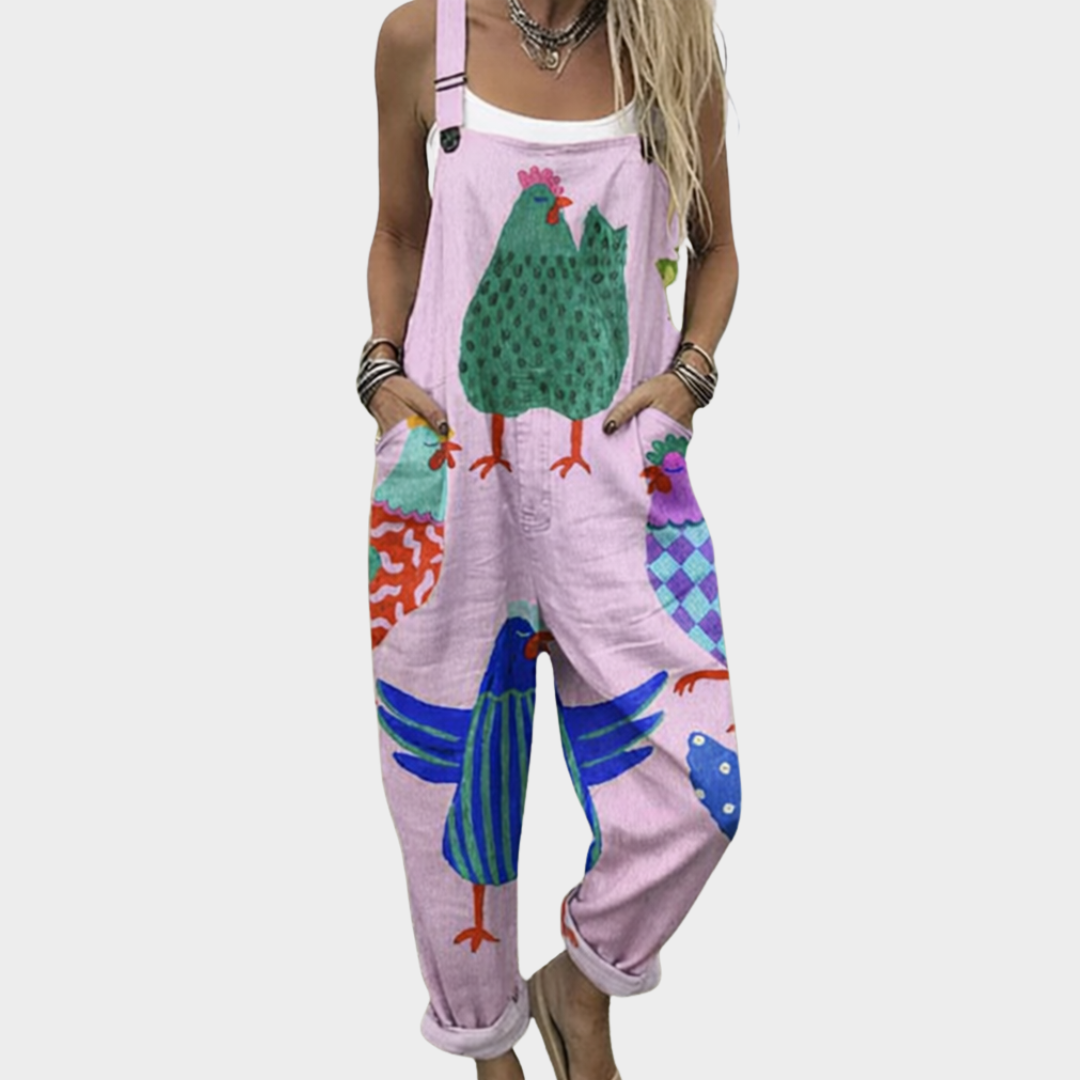 Dungaree Overalls – Pink, Funny Chicken Pattern