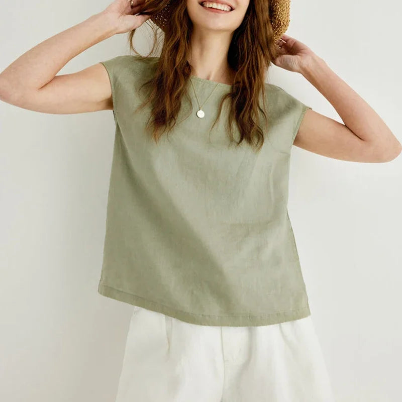 Linen T-shirt with Floral Sleeves