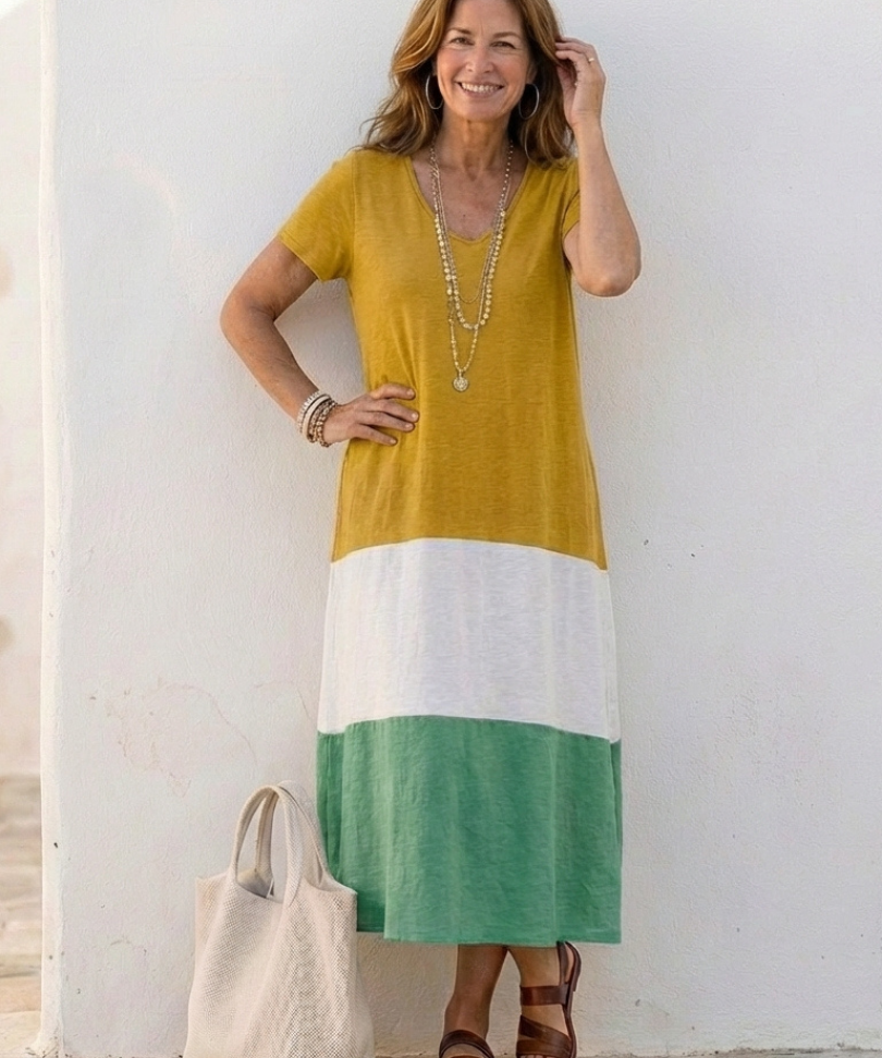 Valentine | Midi dress with V-neck and short bicolor sleeves