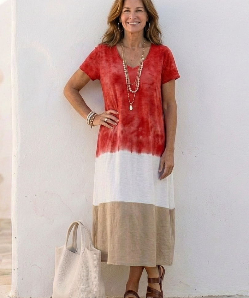 Valentine | Midi dress with V-neck and short bicolor sleeves
