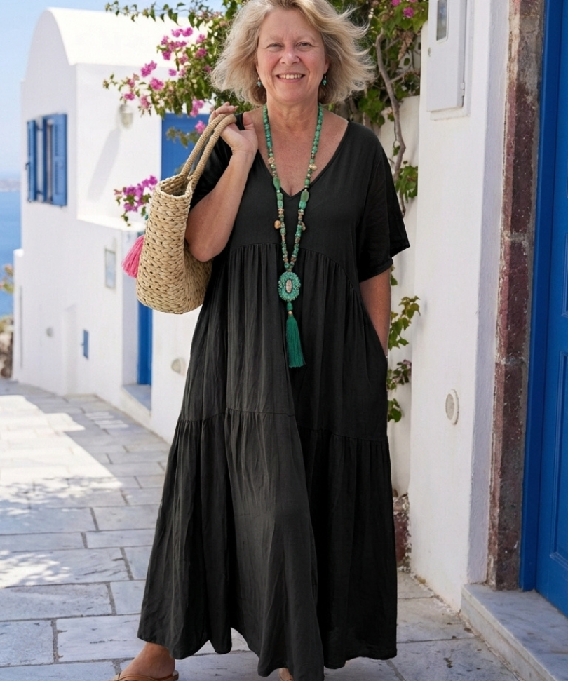 Yvonne | Blue Maxi Dress with Short Sleeves and Ruffles