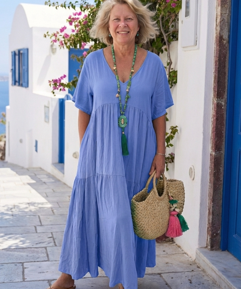 Yvonne | Blue Maxi Dress with Short Sleeves and Ruffles