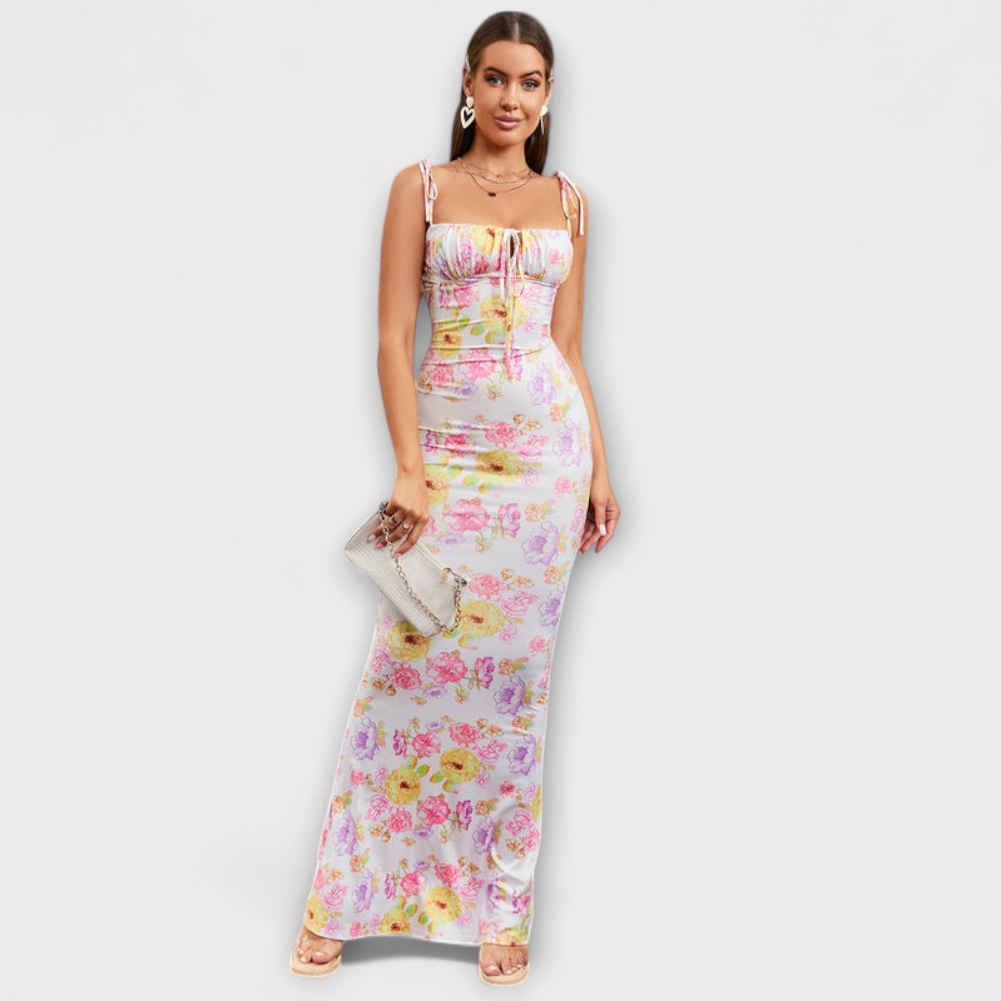 Thalia - Floral Print Prom Dress with Tied Straps