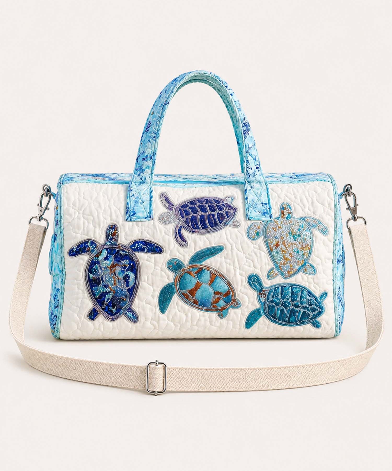 H.PAI Women's Quilted Duffle Bag - Coastal Sea Turtle Embroidered Travel Overnight Bag