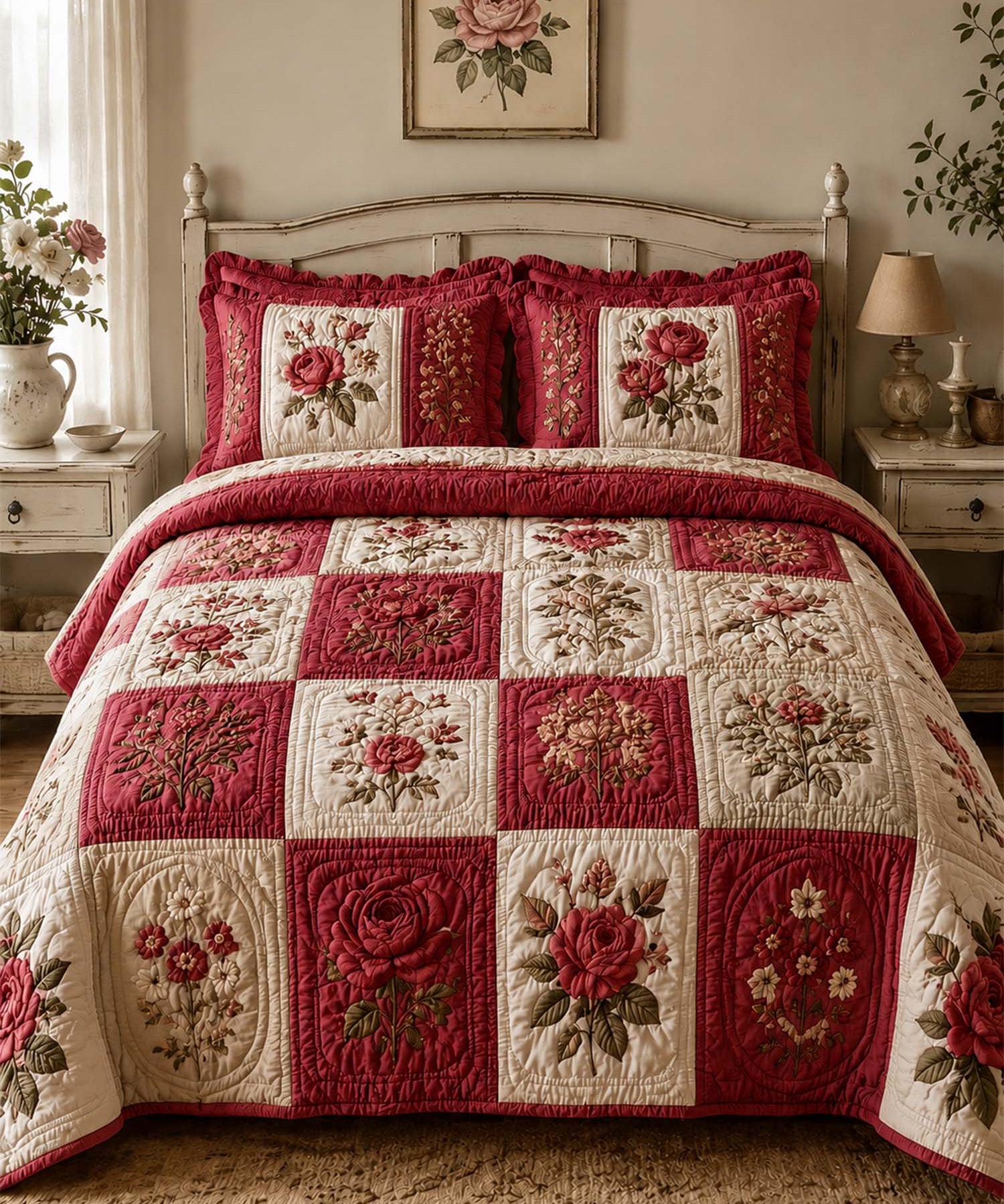 Vintage Rose Floral Quilted 3-Piece Bedding Set