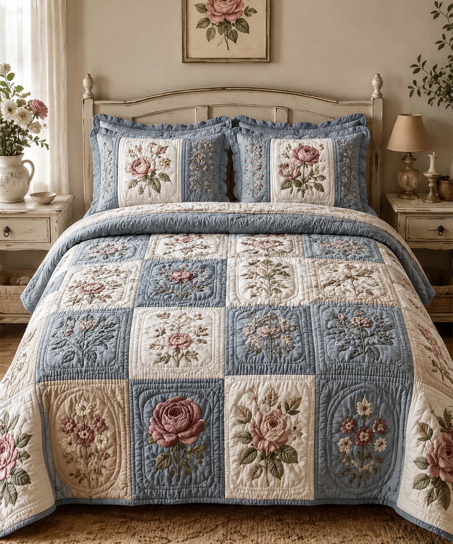 Vintage Rose Floral Quilted 3-Piece Bedding Set