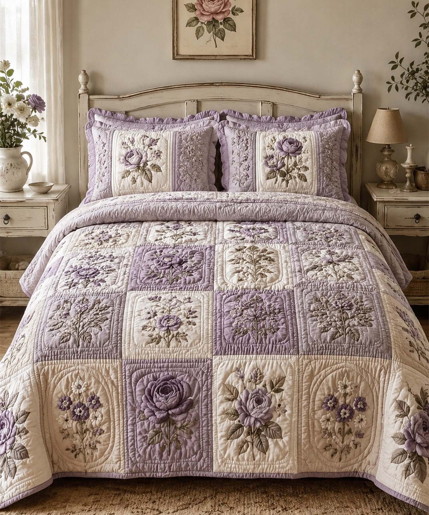 Vintage Rose Floral Quilted 3-Piece Bedding Set