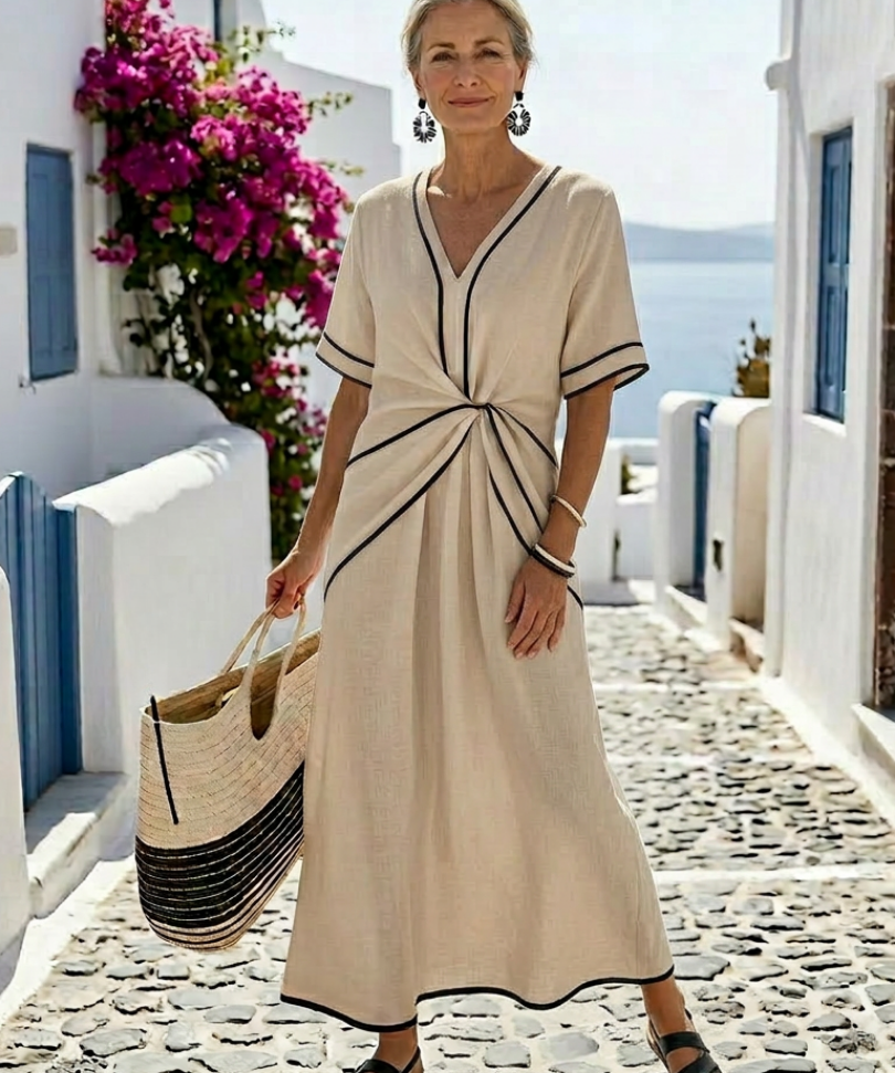 Auriane | Midi dress with V-neck and gathered waist