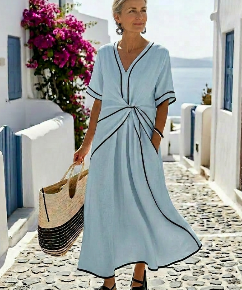 Auriane | Midi dress with V-neck and gathered waist