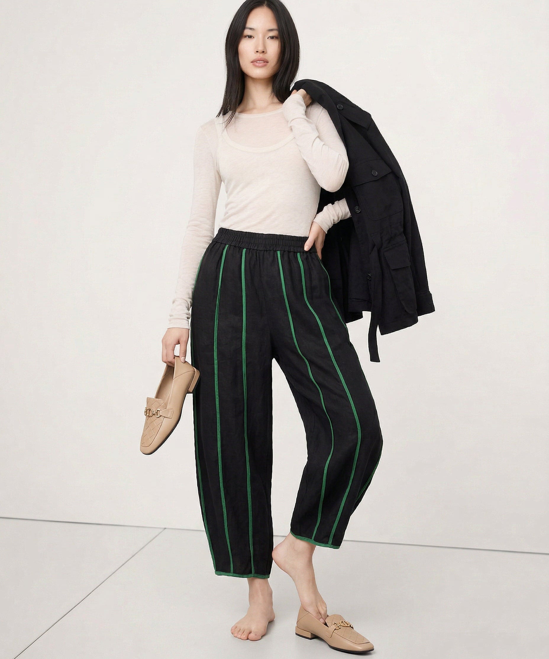 The Green Stripe Linen Wide Leg Pant
