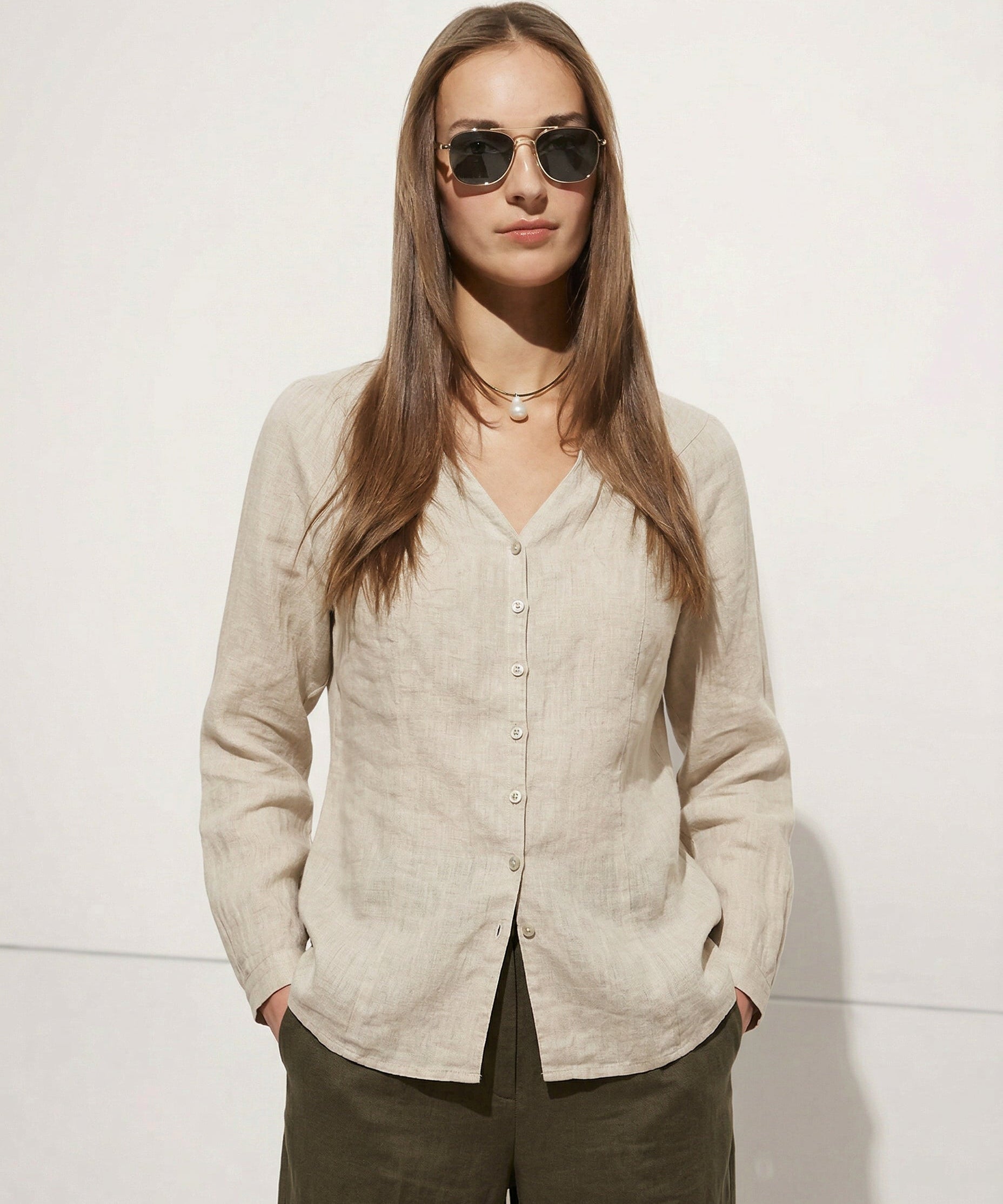 Fitted Linen Blouse with V-Neck