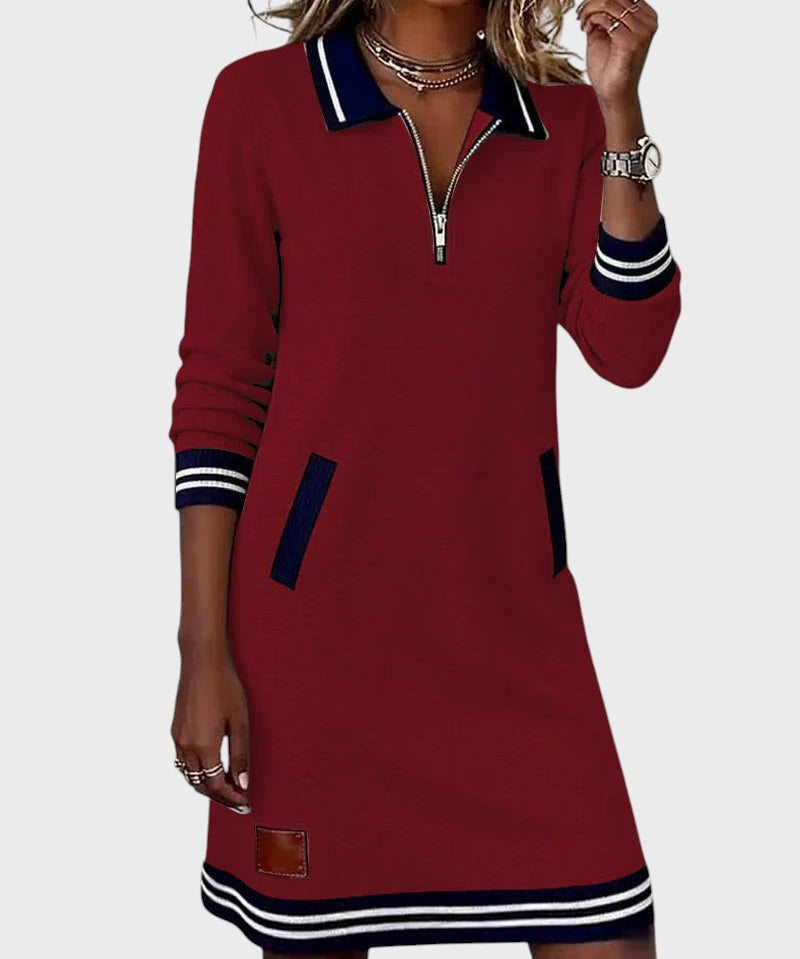 Elise | Knit Dress with Half-Zip and Contrast Trimming